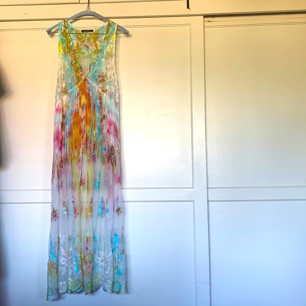 BURNING MAN ✨ Handmade OOAK lace & gauze duster robe, midi, fringe, Ice tie dyed